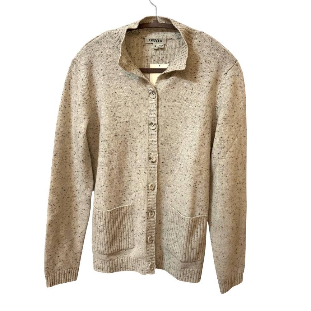Orvis 100% Cashmere Donegal Heather Cream Gray Cardigan Button Sweater Speckled - Picture 2 of 6
